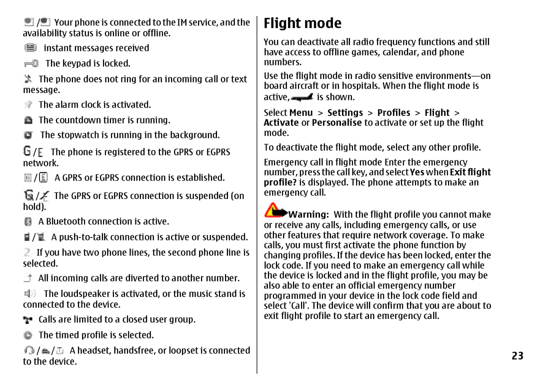 Nokia 7500 Prism manual Flight mode, Selected 