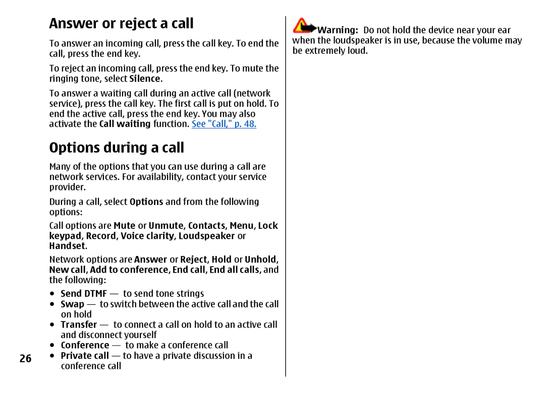 Nokia 7500 Prism Answer or reject a call, Options during a call, Keypad, Record, Voice clarity, Loudspeaker or, Handset 