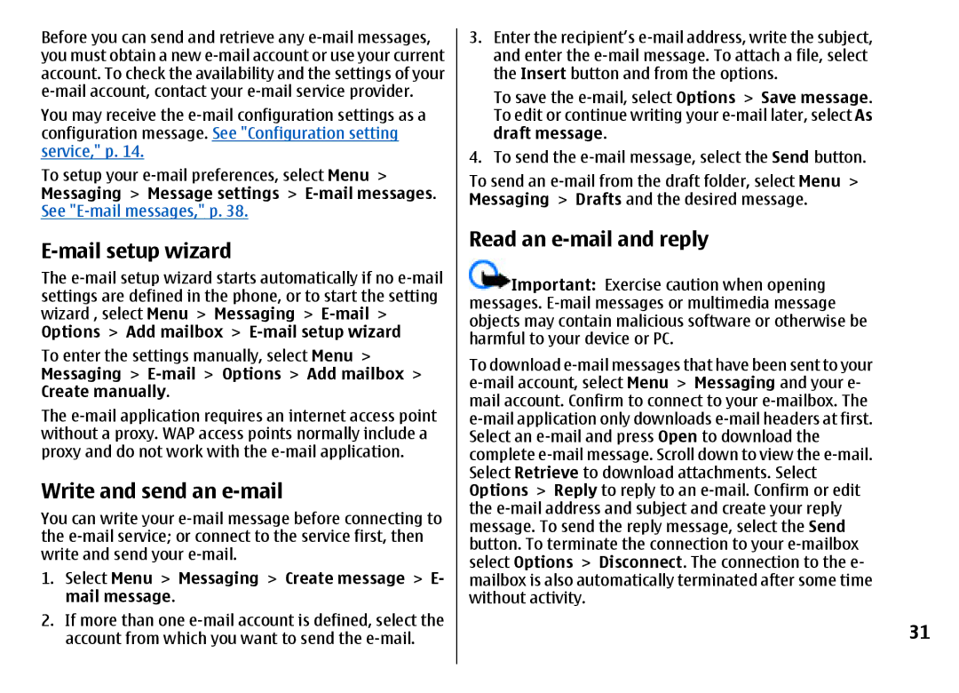 Nokia 7500 Prism manual Mail setup wizard, Write and send an e-mail, Read an e-mail and reply 