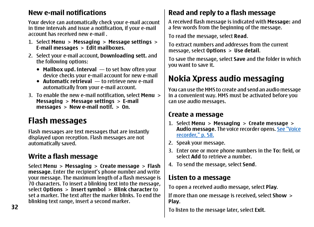 Nokia 7500 Prism manual Flash messages, Nokia Xpress audio messaging 