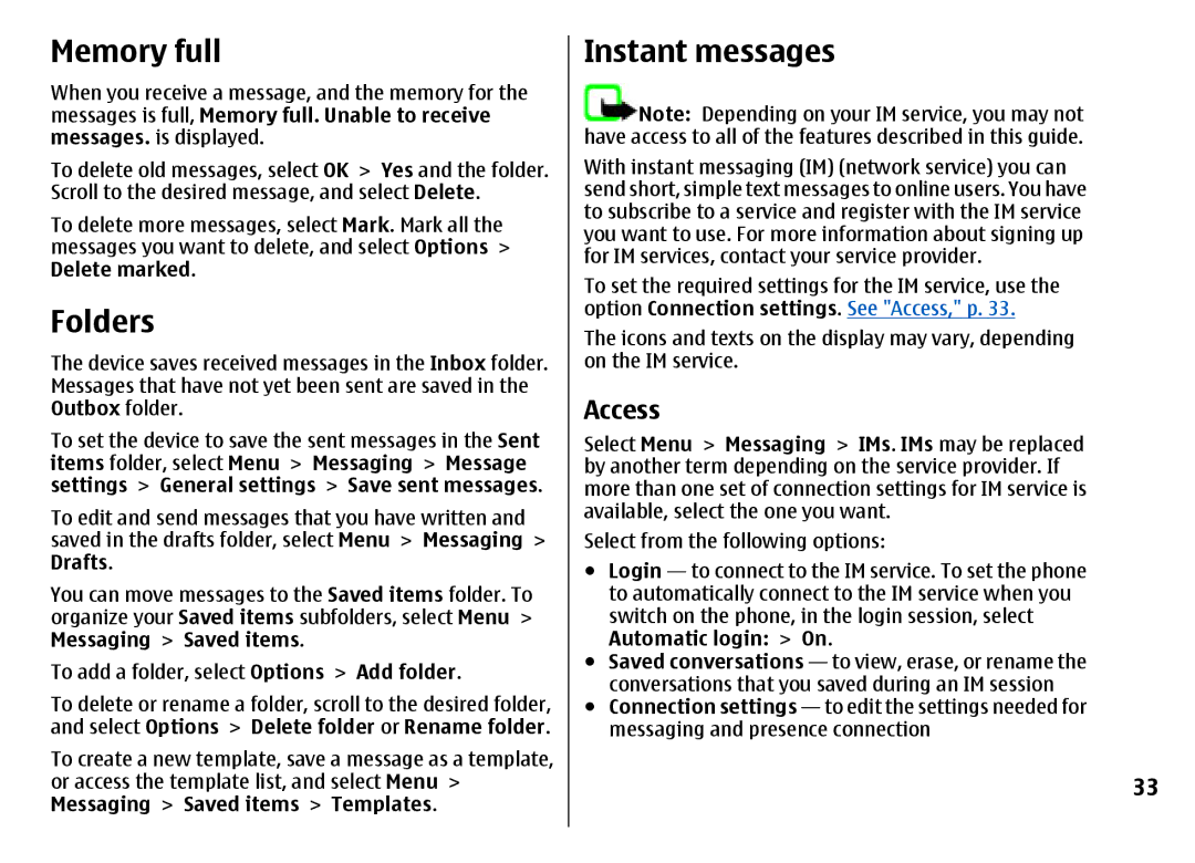 Nokia 7500 Prism manual Memory full, Folders, Instant messages, Access 