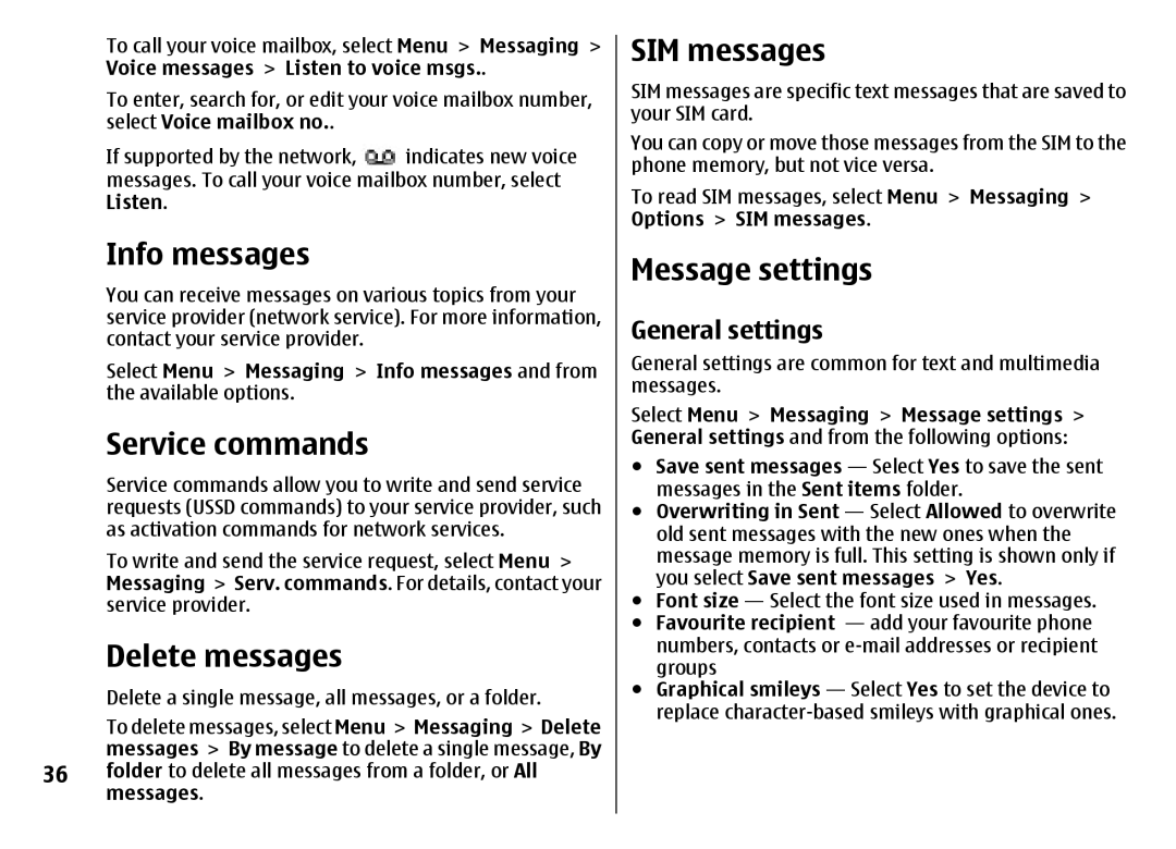 Nokia 7500 Prism manual Info messages, Service commands, Delete messages, SIM messages, Message settings 