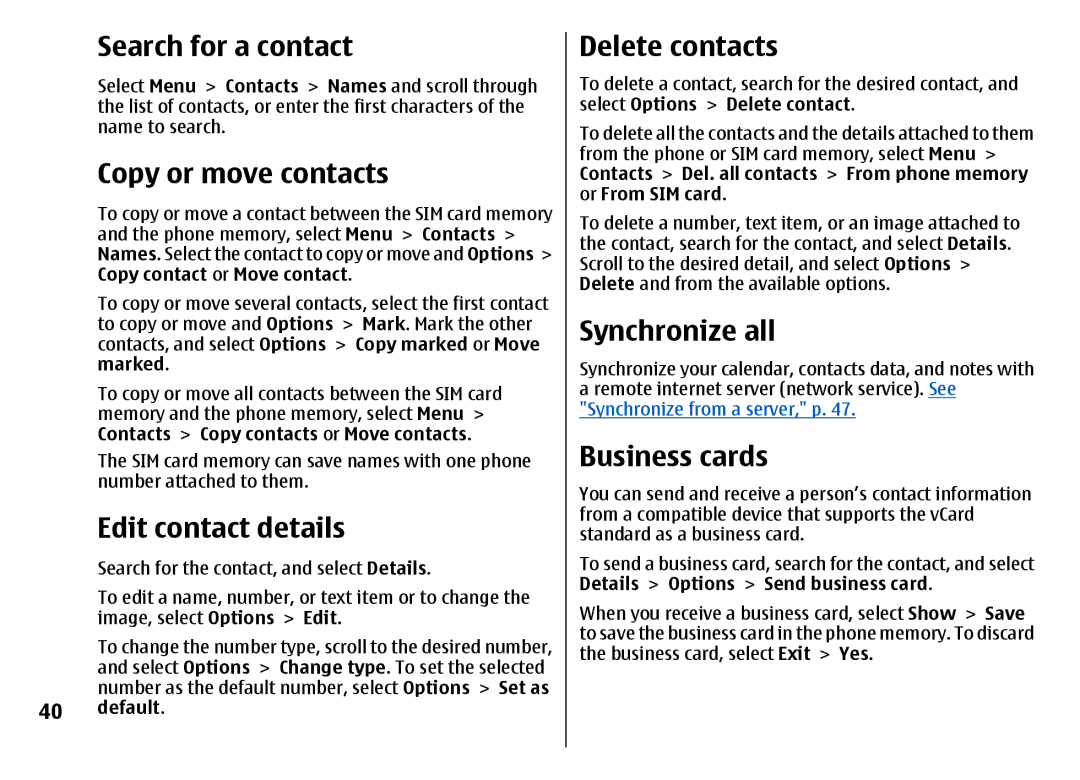 Nokia 7500 Prism manual Search for a contact, Copy or move contacts, Edit contact details, Delete contacts, Synchronize all 