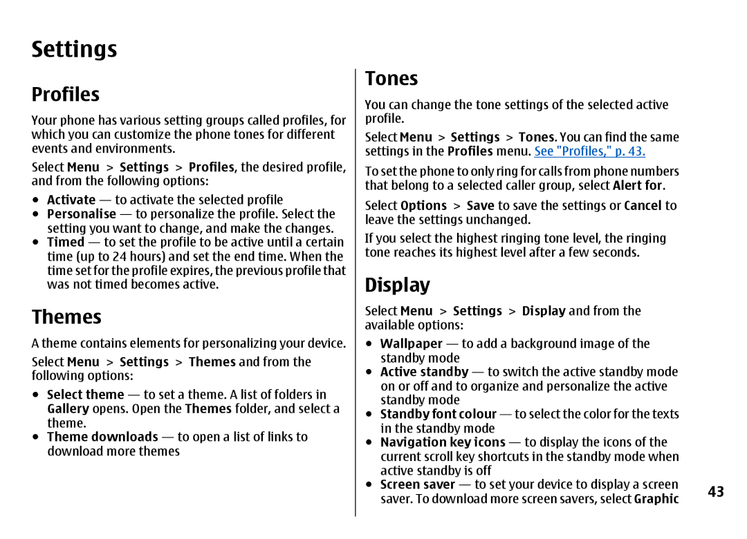 Nokia 7500 Prism manual Settings, Profiles, Themes, Tones, Display 