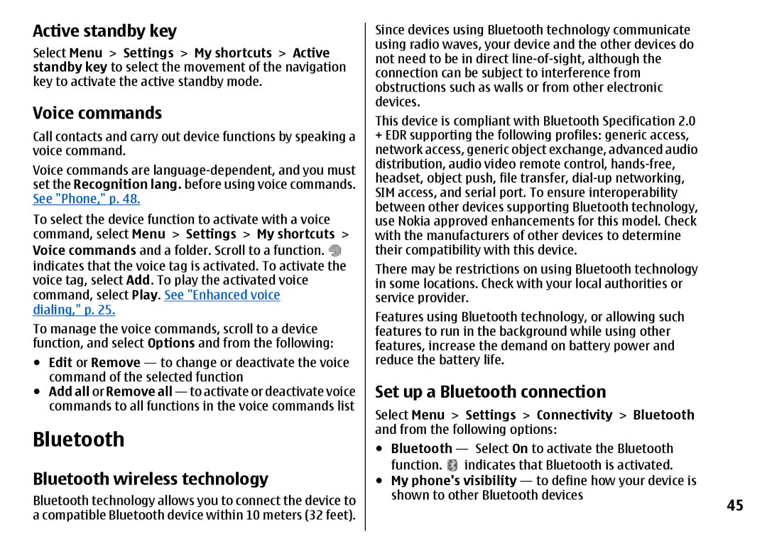 Nokia 7500 Prism Active standby key, Voice commands, Bluetooth wireless technology, Set up a Bluetooth connection 