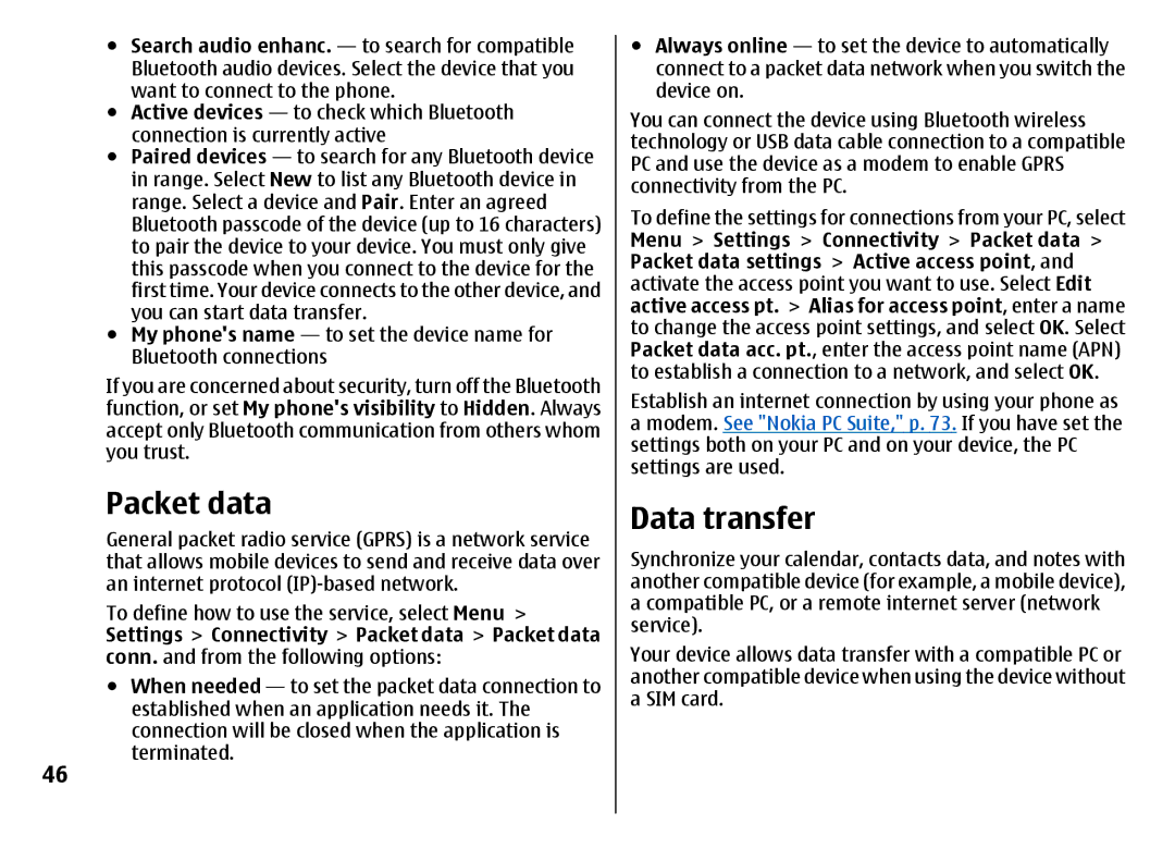 Nokia 7500 Prism manual Packet data, Data transfer 