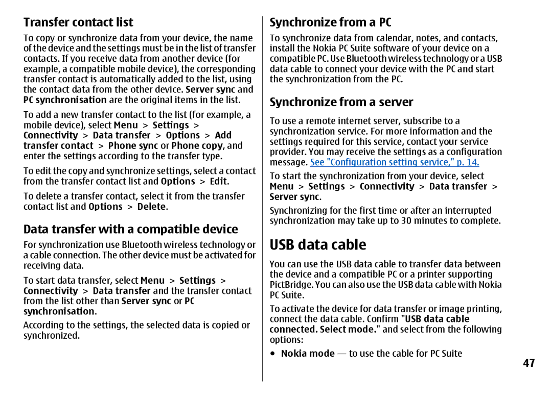 Nokia 7500 Prism USB data cable, Transfer contact list, Data transfer with a compatible device, Synchronize from a PC 