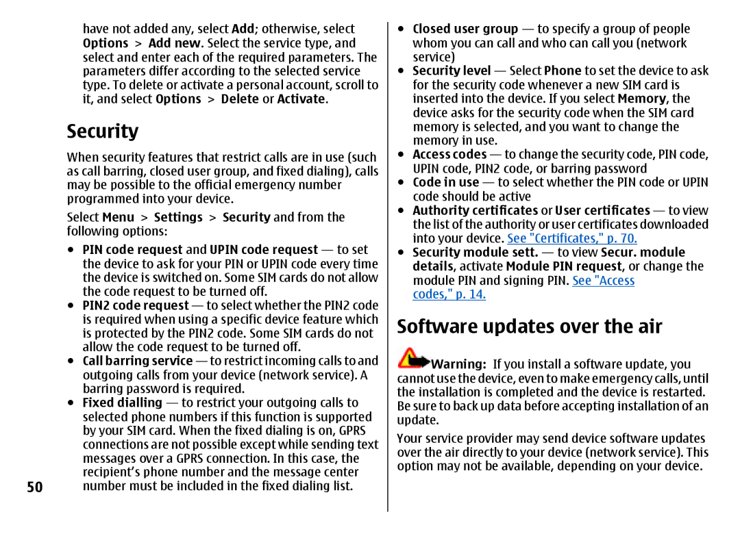 Nokia 7500 Prism manual Security, Software updates over the air 