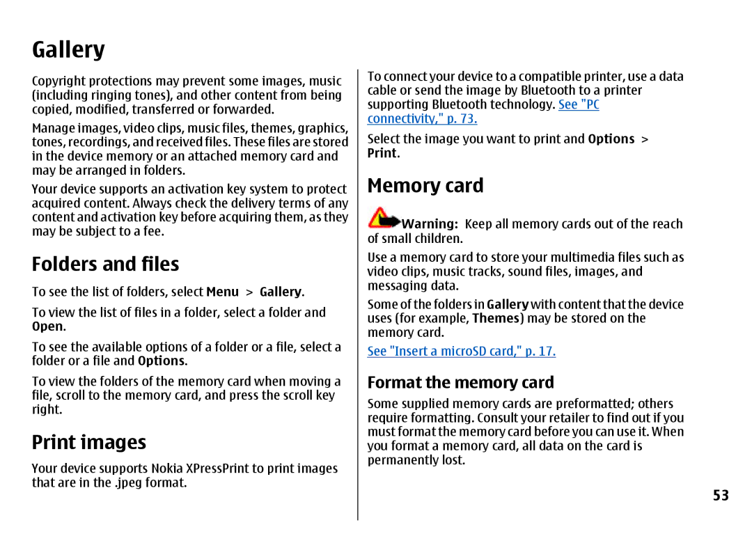 Nokia 7500 Prism manual Gallery, Folders and files, Print images, Memory card, Format the memory card 