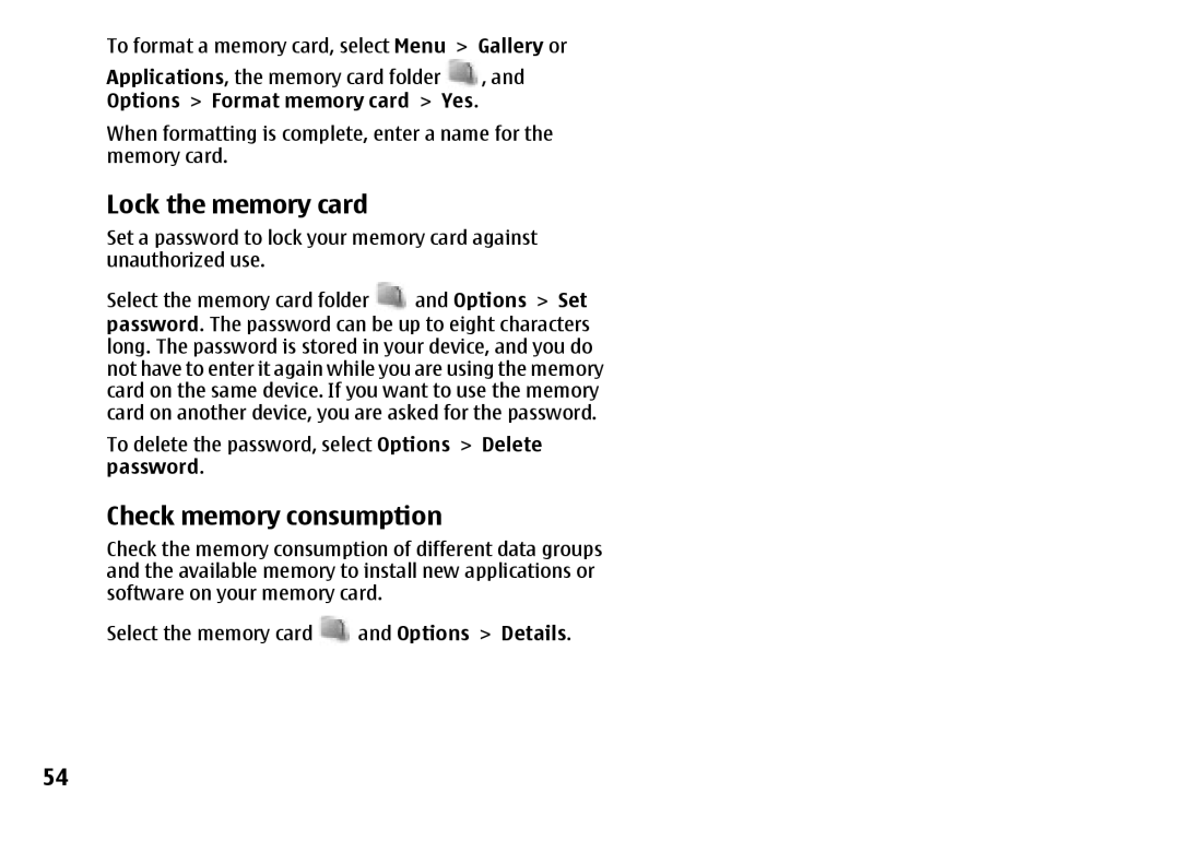 Nokia 7500 Prism Lock the memory card, Check memory consumption, To format a memory card, select Menu Gallery or, Yes 