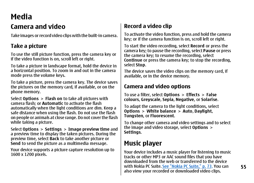 Nokia 7500 Prism manual Media, Camera and video, Music player 