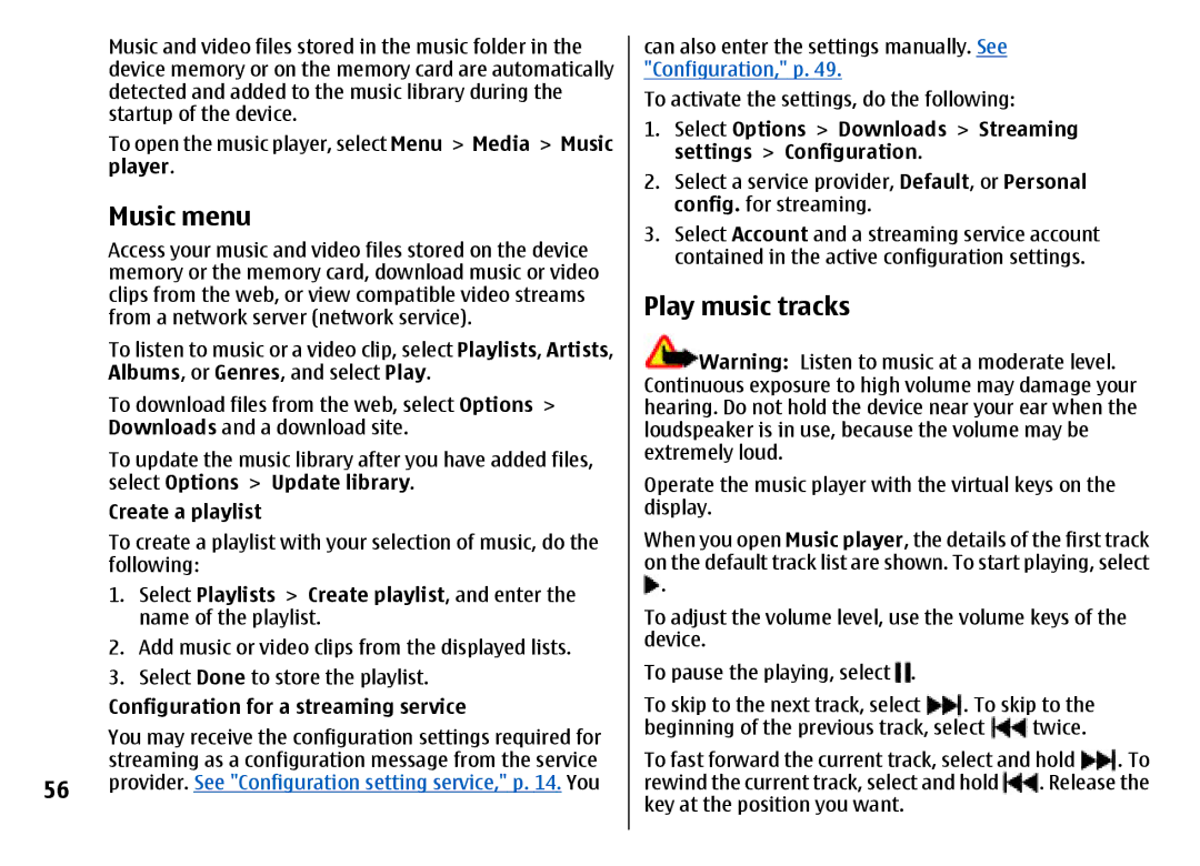 Nokia 7500 Prism manual Music menu, Play music tracks 