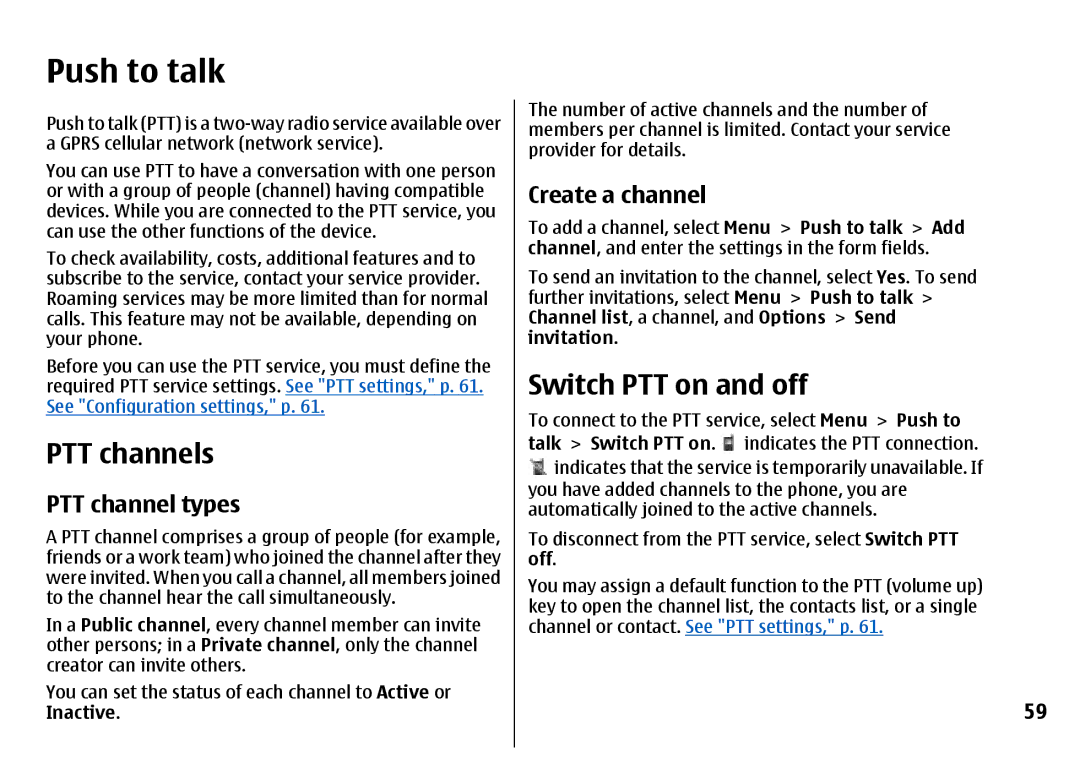 Nokia 7500 Prism manual Push to talk, PTT channels, Switch PTT on and off, PTT channel types, Create a channel 