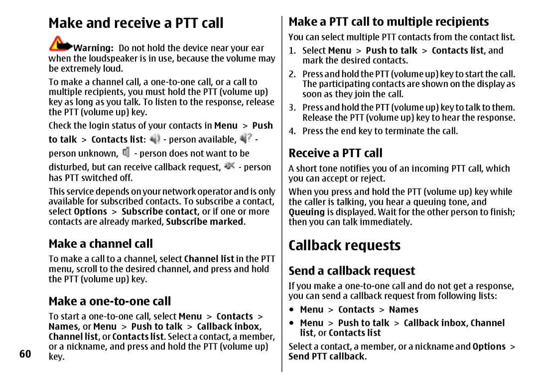 Nokia 7500 Prism manual Make and receive a PTT call, Callback requests 