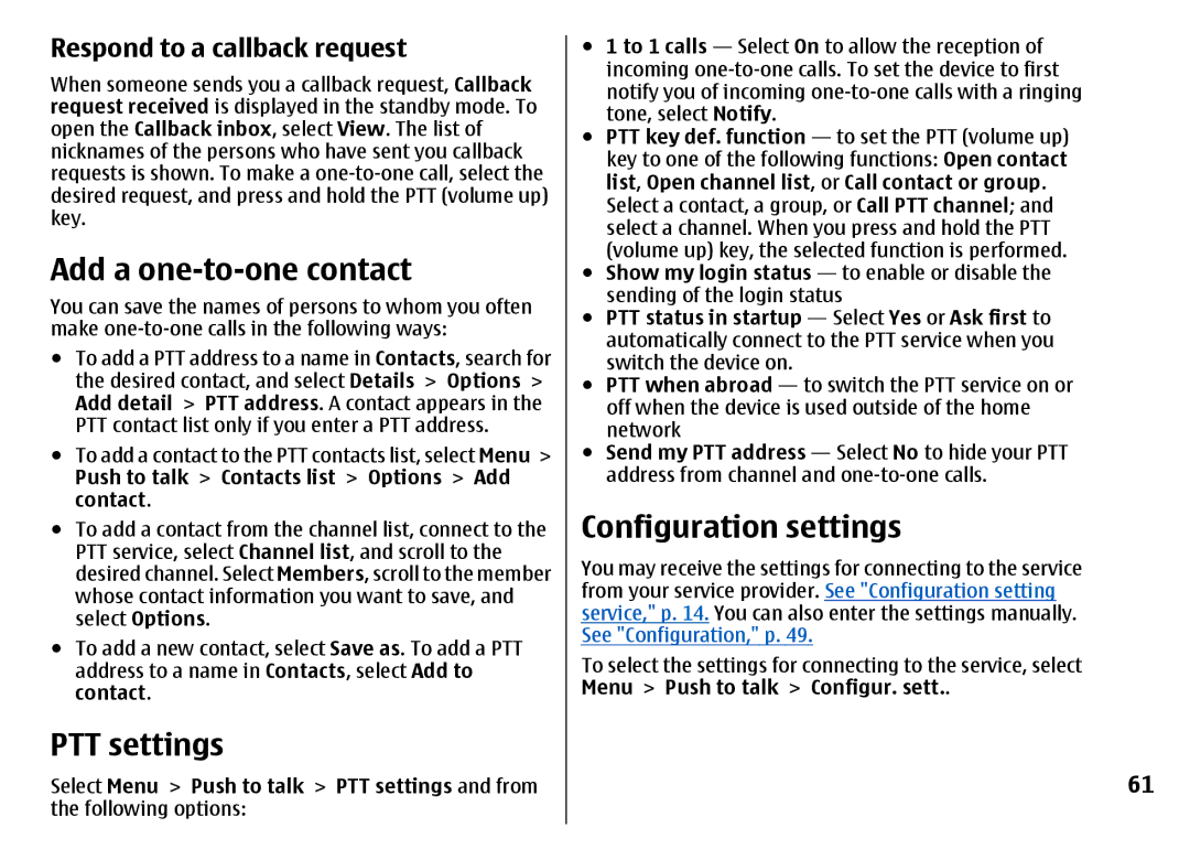 Nokia 7500 Prism manual Add a one-to-one contact, PTT settings, Configuration settings, Respond to a callback request 