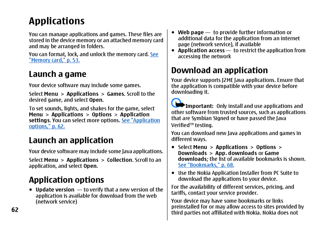 Nokia 7500 Prism manual Applications, Launch a game, Launch an application, Application options, Download an application 