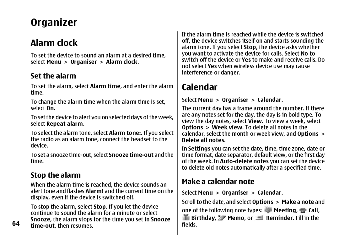 Nokia 7500 Prism manual Organizer, Alarm clock, Calendar 