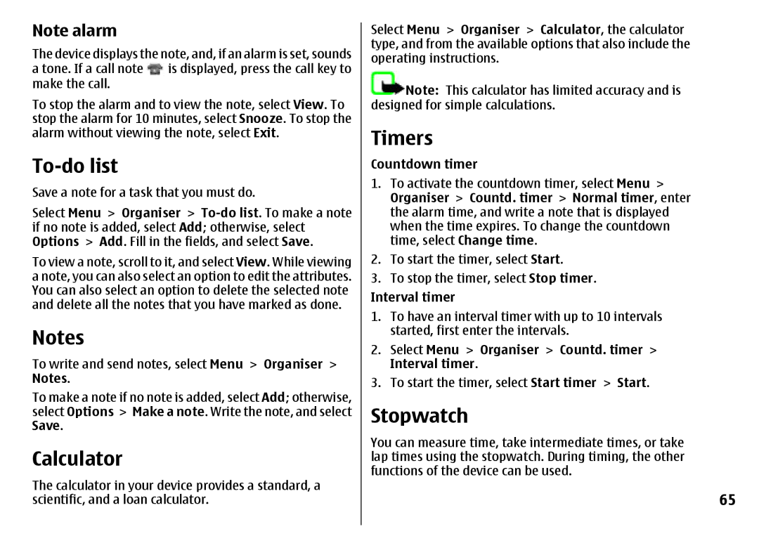 Nokia 7500 Prism manual To-do list, Calculator, Timers, Stopwatch 