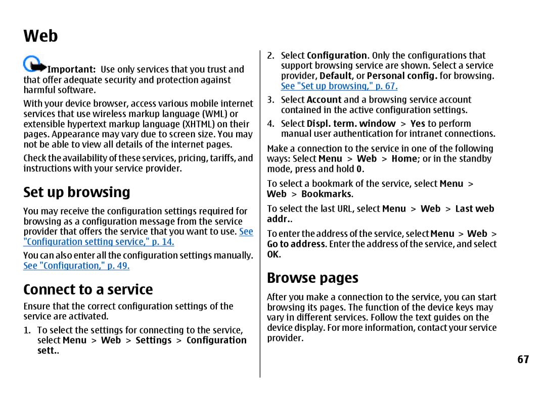 Nokia 7500 Prism manual Web, Set up browsing, Connect to a service, Browse pages 