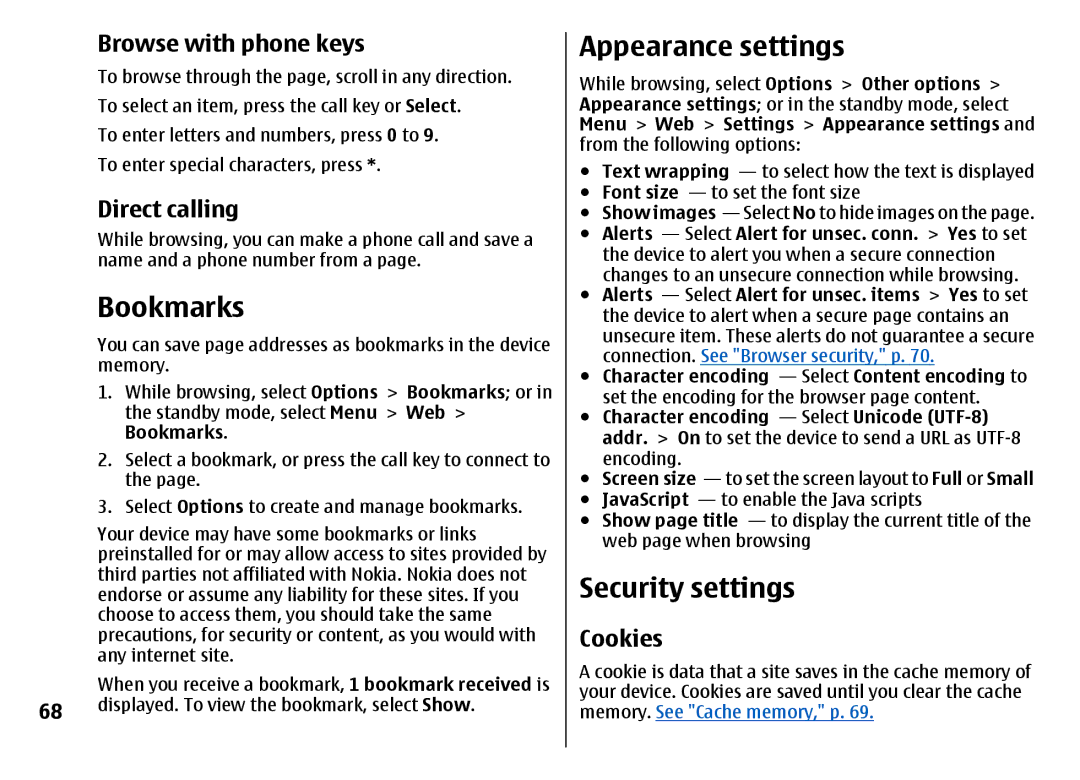 Nokia 7500 Prism manual Bookmarks, Appearance settings, Security settings 