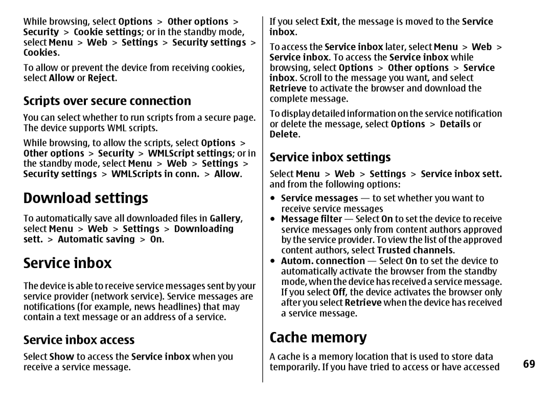 Nokia 7500 Prism manual Download settings, Service inbox, Cache memory 