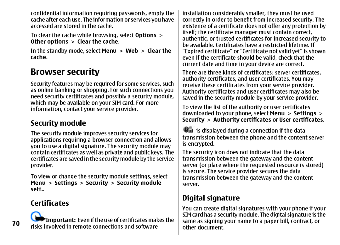 Nokia 7500 Prism manual Browser security, Security module, Certificates, Digital signature 