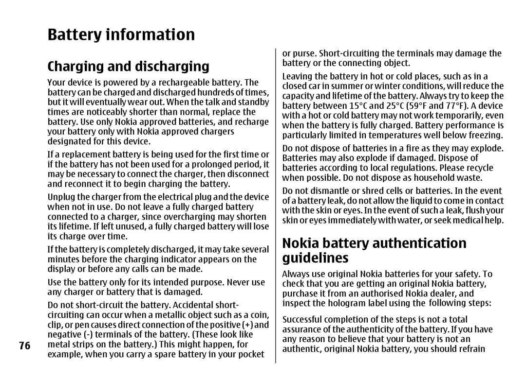 Nokia 7500 Prism manual Battery information, Charging and discharging, Nokia battery authentication guidelines 