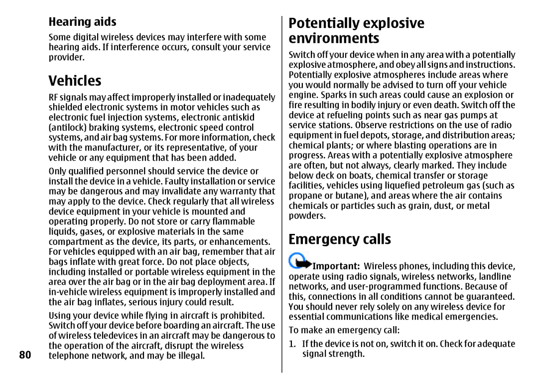 Nokia 7500 Prism manual Vehicles, Potentially explosive environments, Emergency calls, Hearing aids 