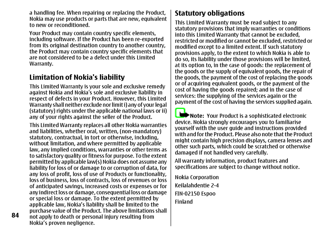 Nokia 7500 Prism manual Limitation of Nokias liability, Statutory obligations 