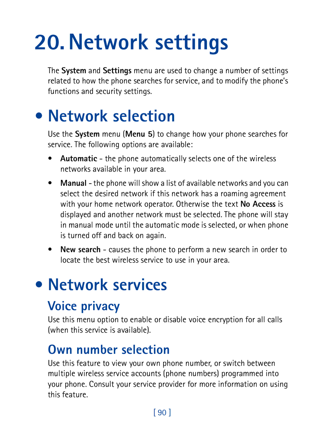 Nokia 7610 manual Network settings, Network selection, Voice privacy, Own number selection 