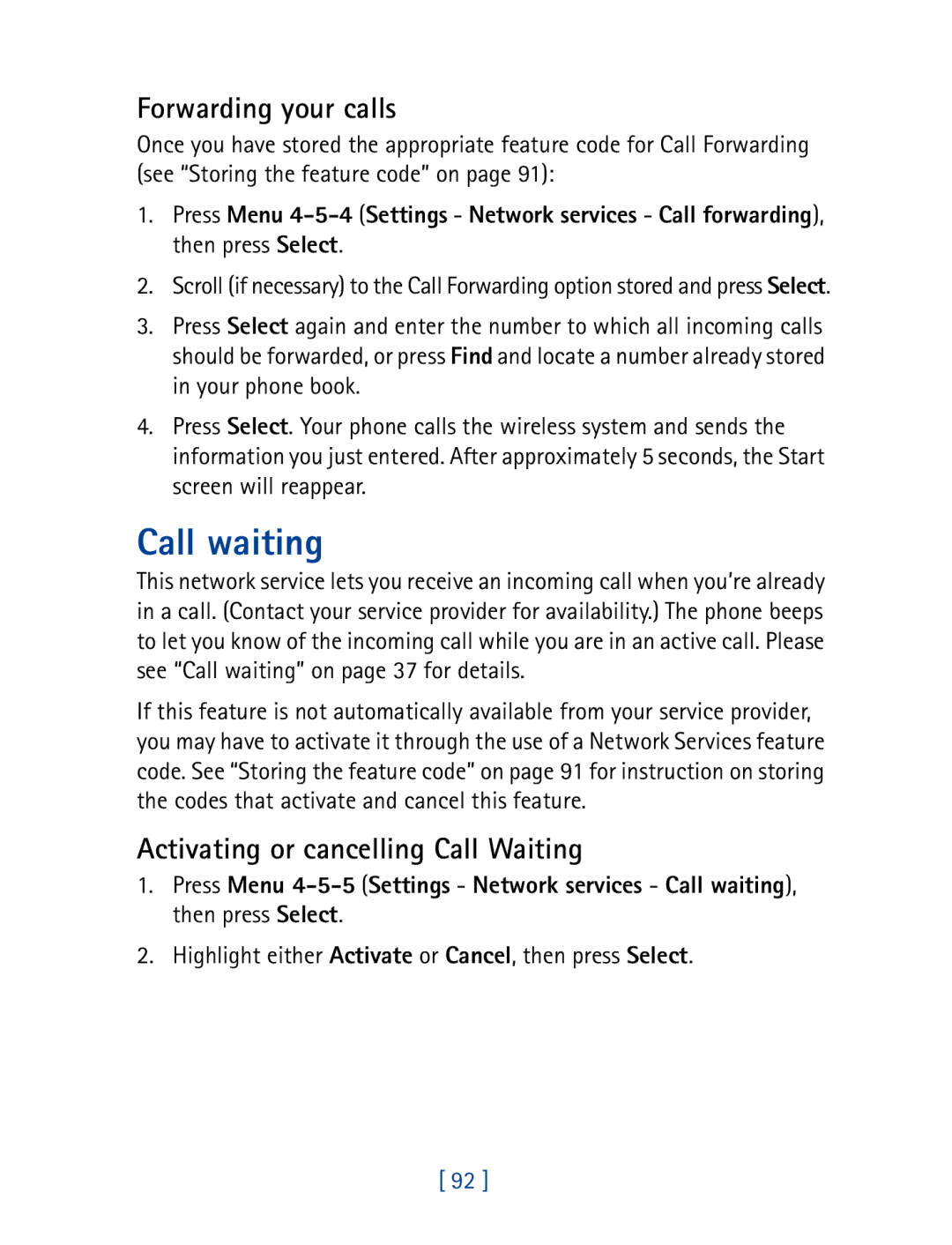 Nokia 7610 manual Call waiting, Forwarding your calls, Activating or cancelling Call Waiting 