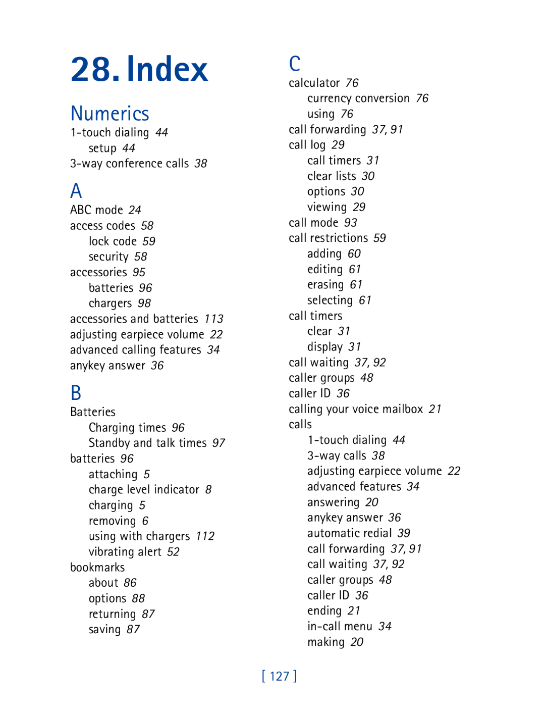 Nokia 7610 manual Index, 127 