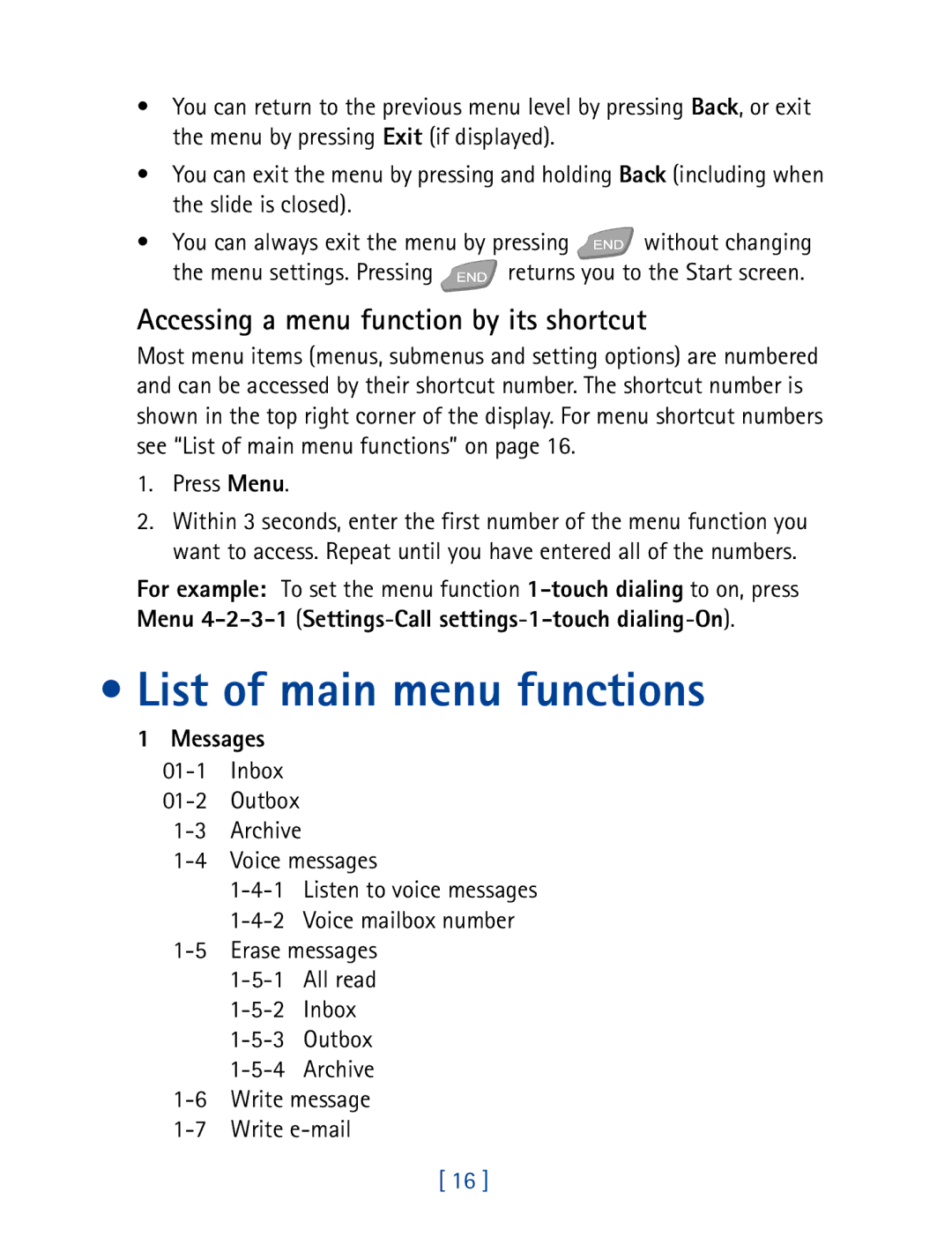 Nokia 7610 manual List of main menu functions, Accessing a menu function by its shortcut, Messages 01-1 Inbox 