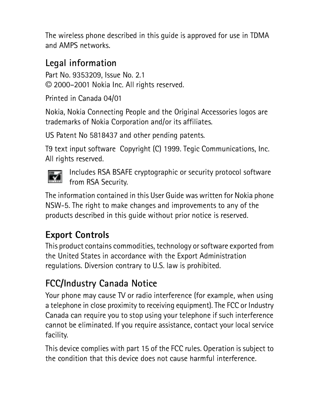 Nokia 7610 manual Legal information, Export Controls, FCC/Industry Canada Notice 