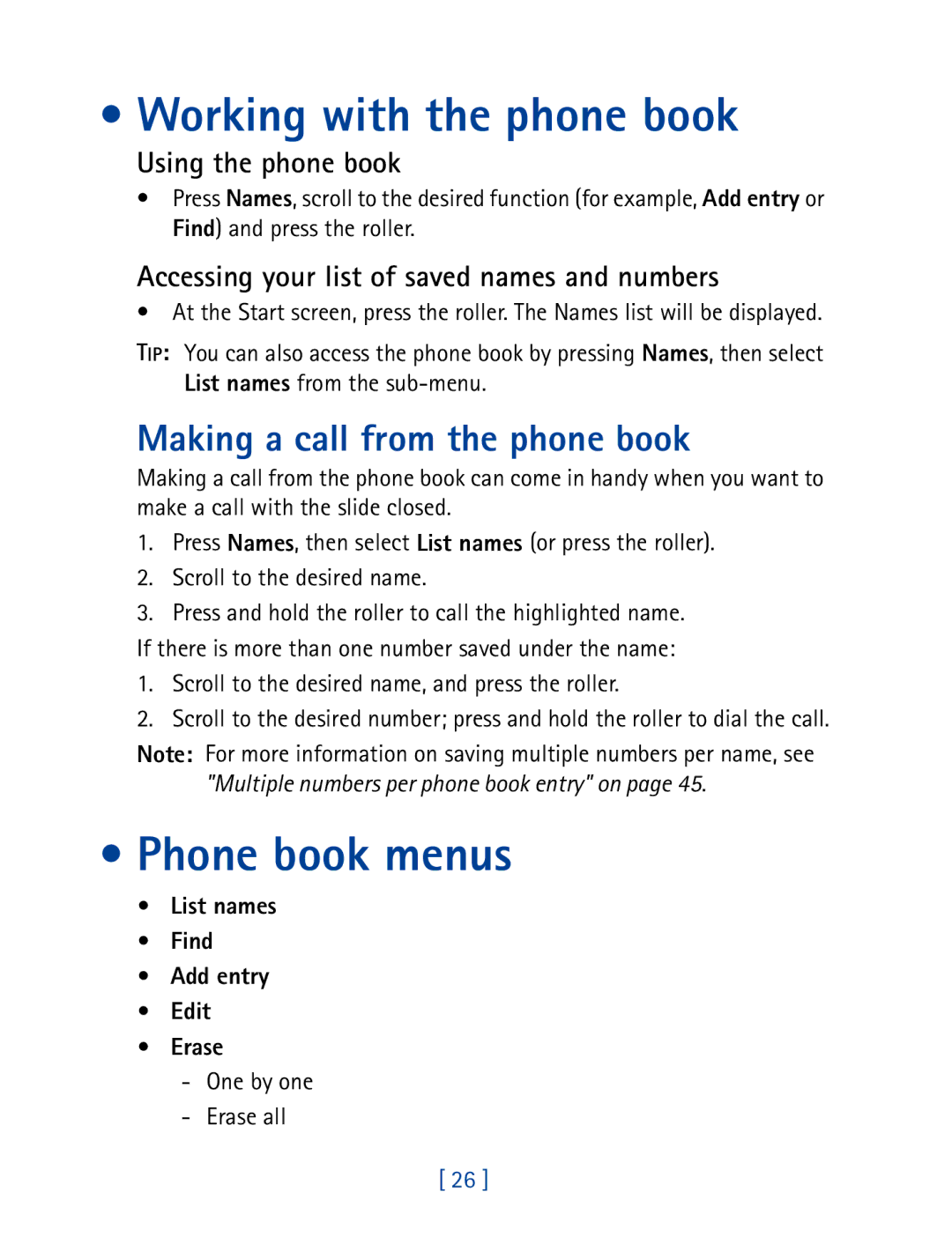 Nokia 7610 manual Working with the phone book, Phone book menus, Making a call from the phone book, Using the phone book 