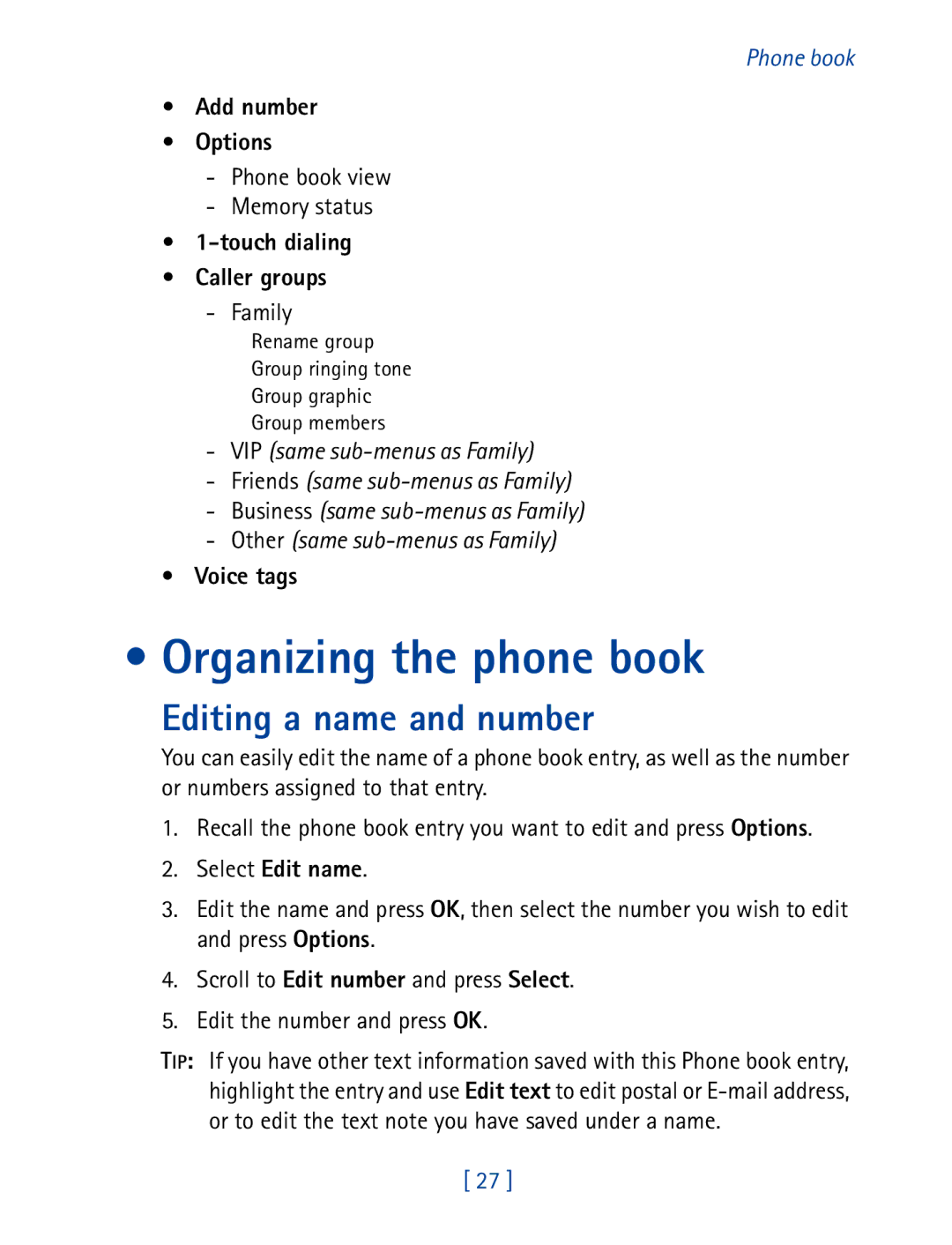 Nokia 7610 manual Organizing the phone book, Editing a name and number 