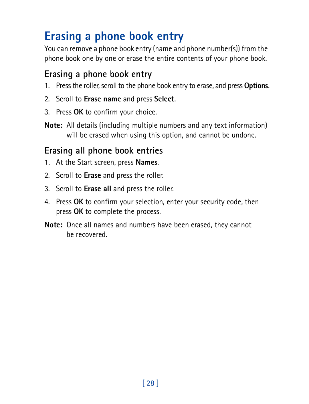 Nokia 7610 manual Erasing a phone book entry, Erasing all phone book entries 