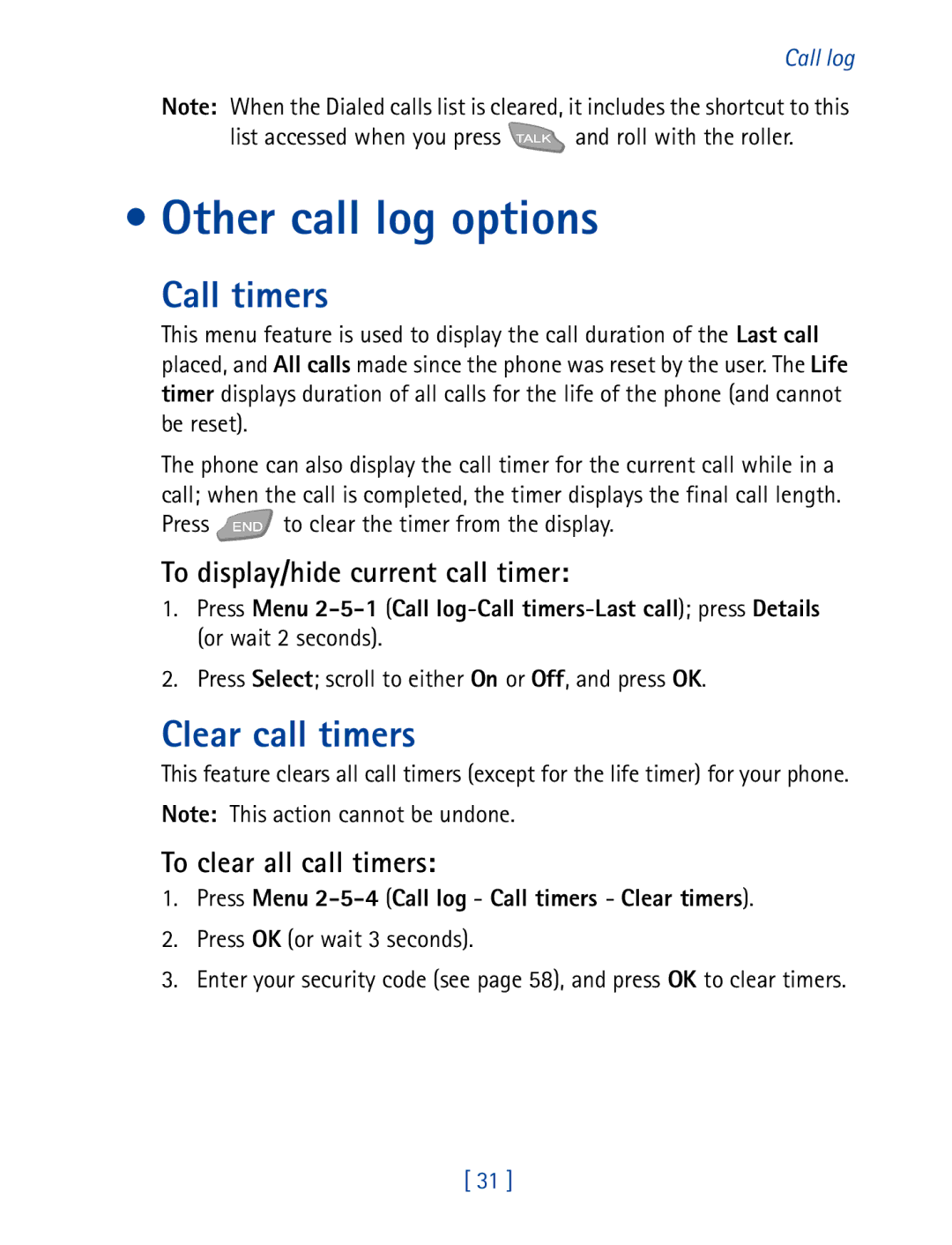 Nokia 7610 manual Other call log options, Call timers, Clear call timers, To display/hide current call timer 