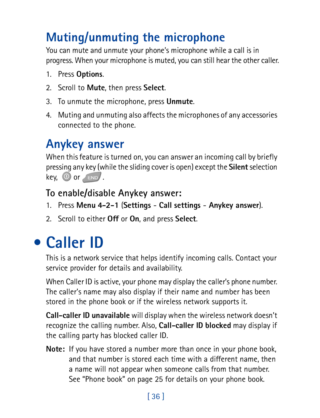 Nokia 7610 manual Caller ID, Muting/unmuting the microphone, To enable/disable Anykey answer 