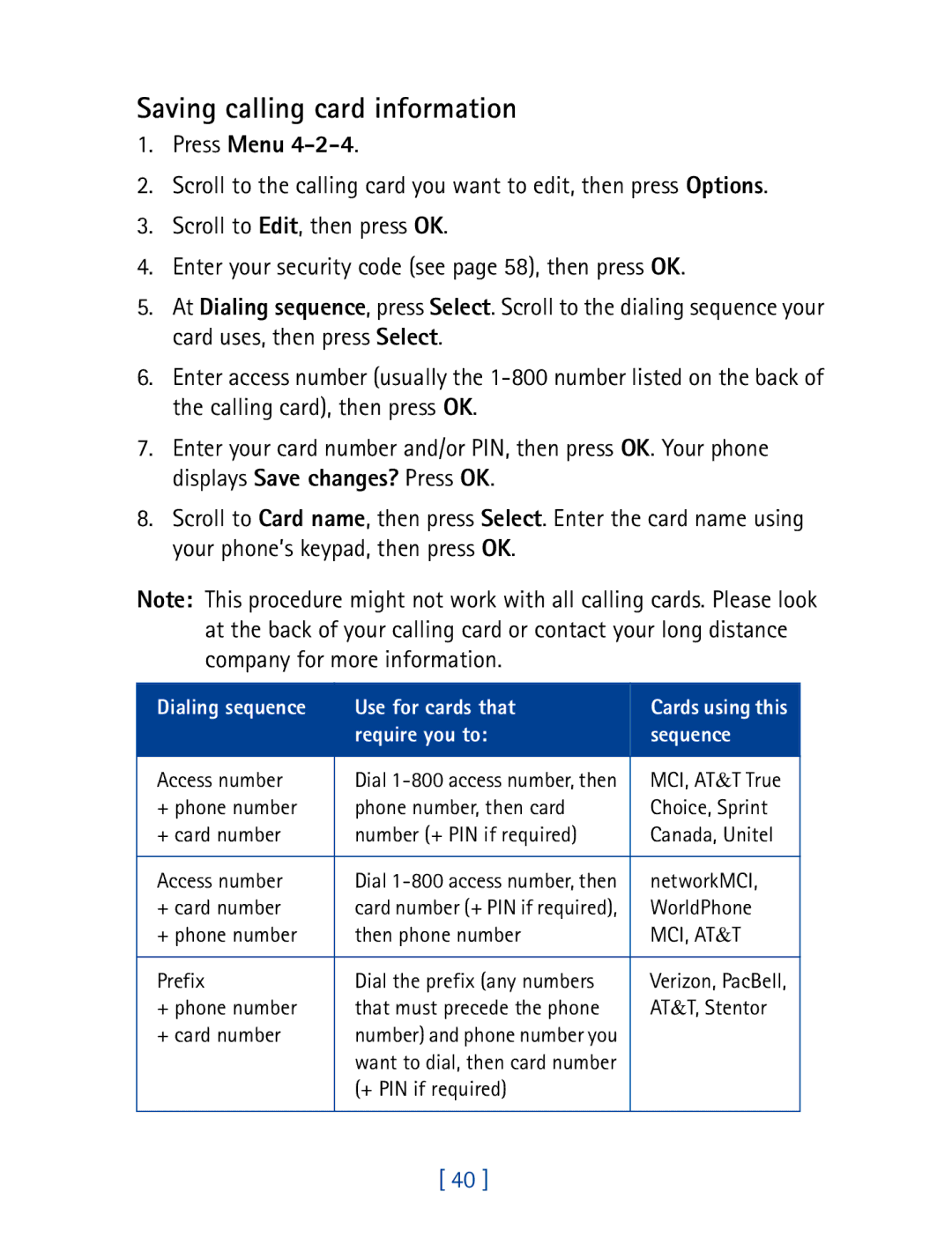 Nokia 7610 manual Saving calling card information, Press Menu 