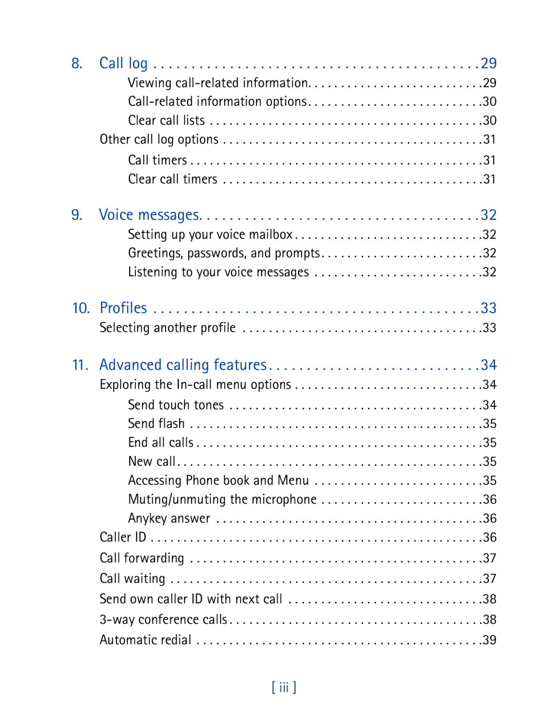 Nokia 7610 manual Call log, Voice messages, Profiles, Advanced calling features, Iii 