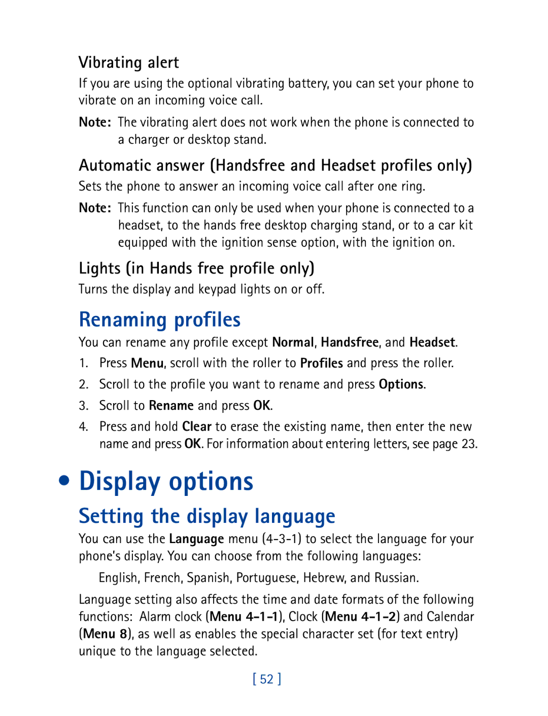 Nokia 7610 manual Display options, Renaming profiles, Setting the display language 