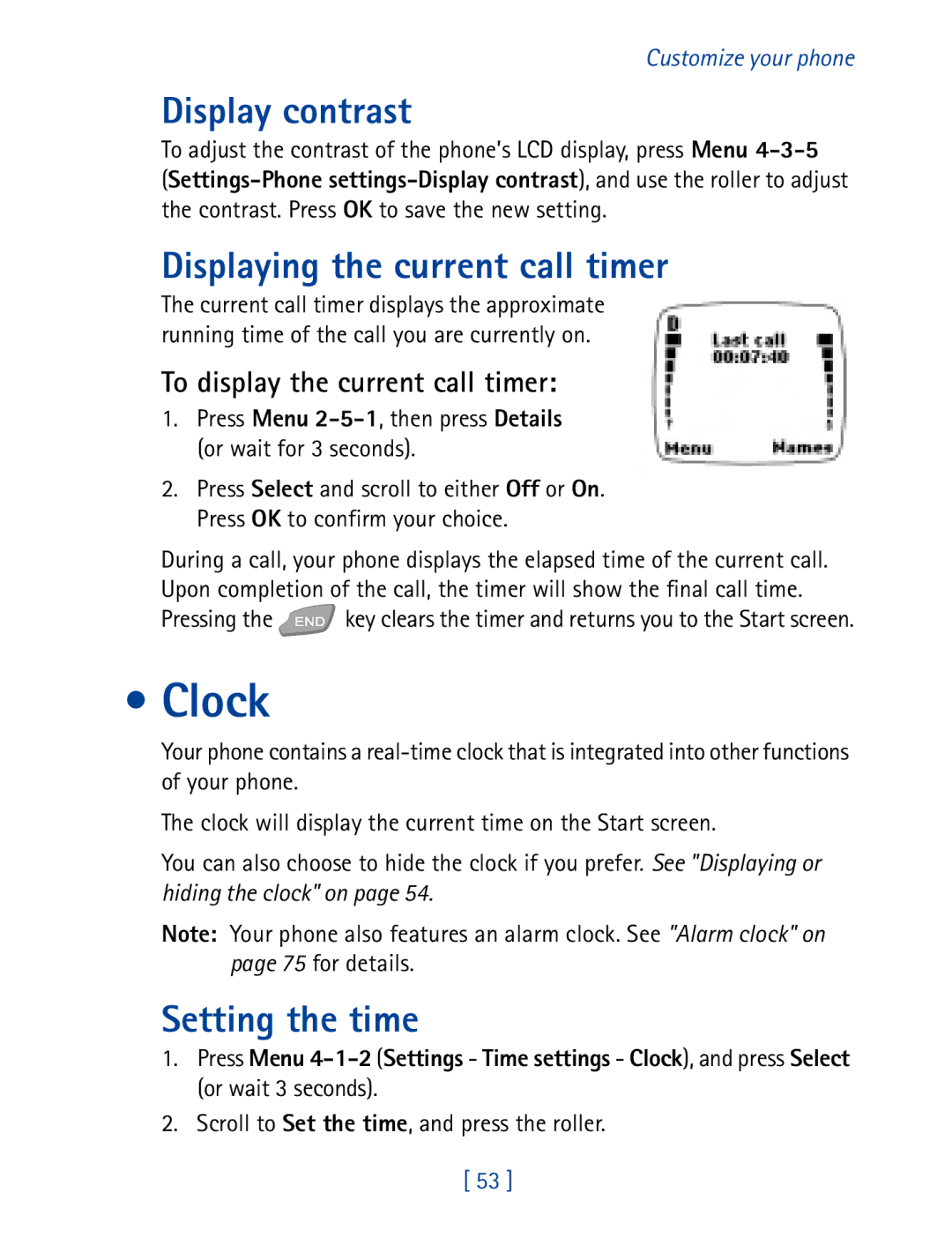 Nokia 7610 Clock, Display contrast, Displaying the current call timer, Setting the time, To display the current call timer 