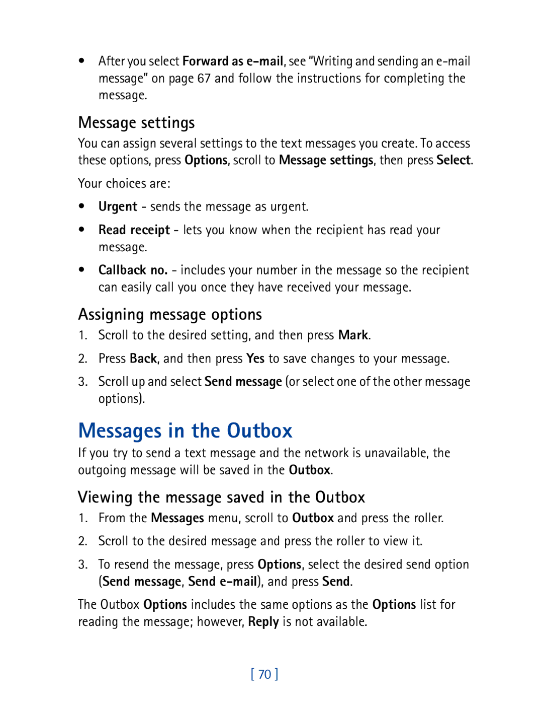 Nokia 7610 Messages in the Outbox, Message settings, Assigning message options, Viewing the message saved in the Outbox 