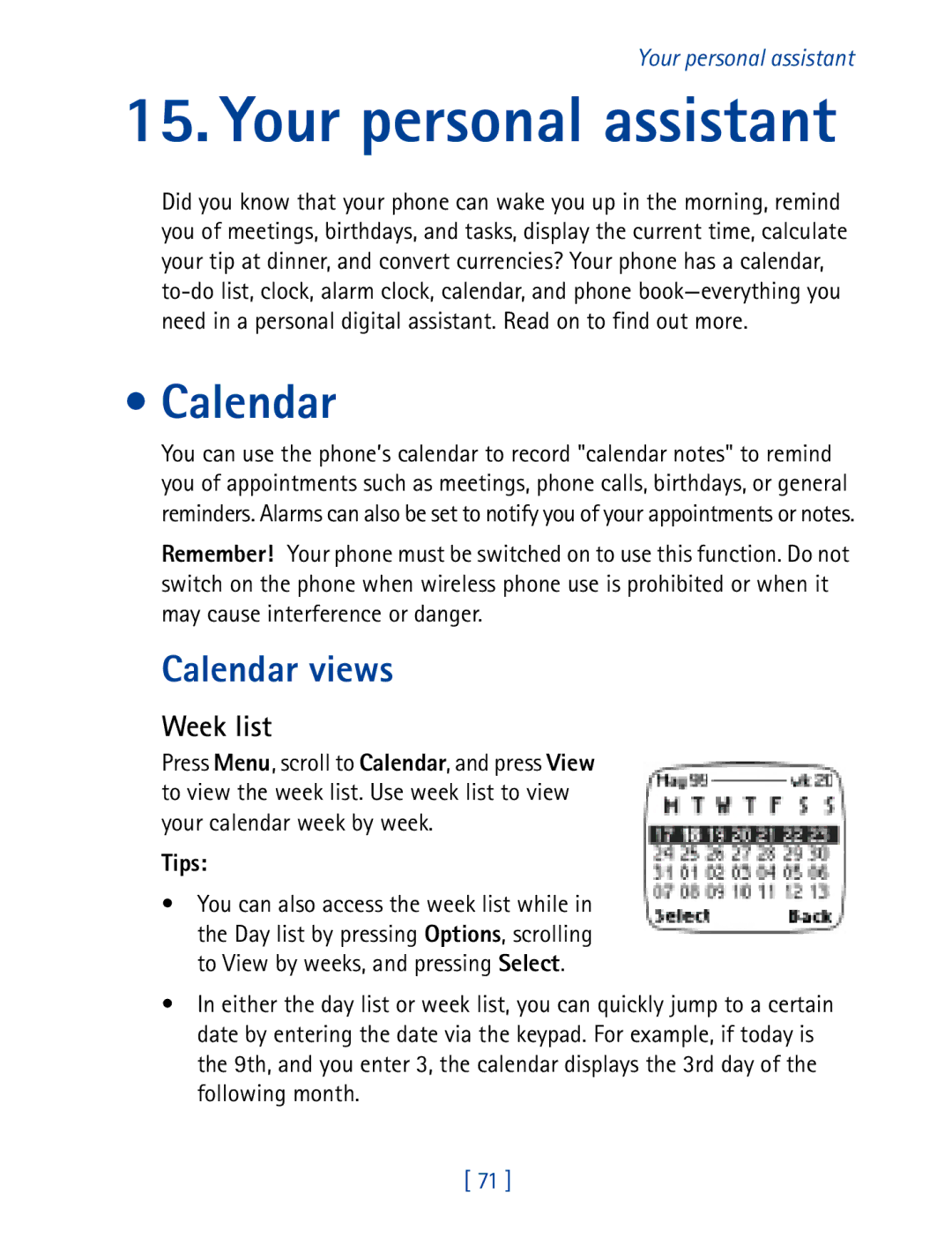 Nokia 7610 manual Calendar views, Week list 