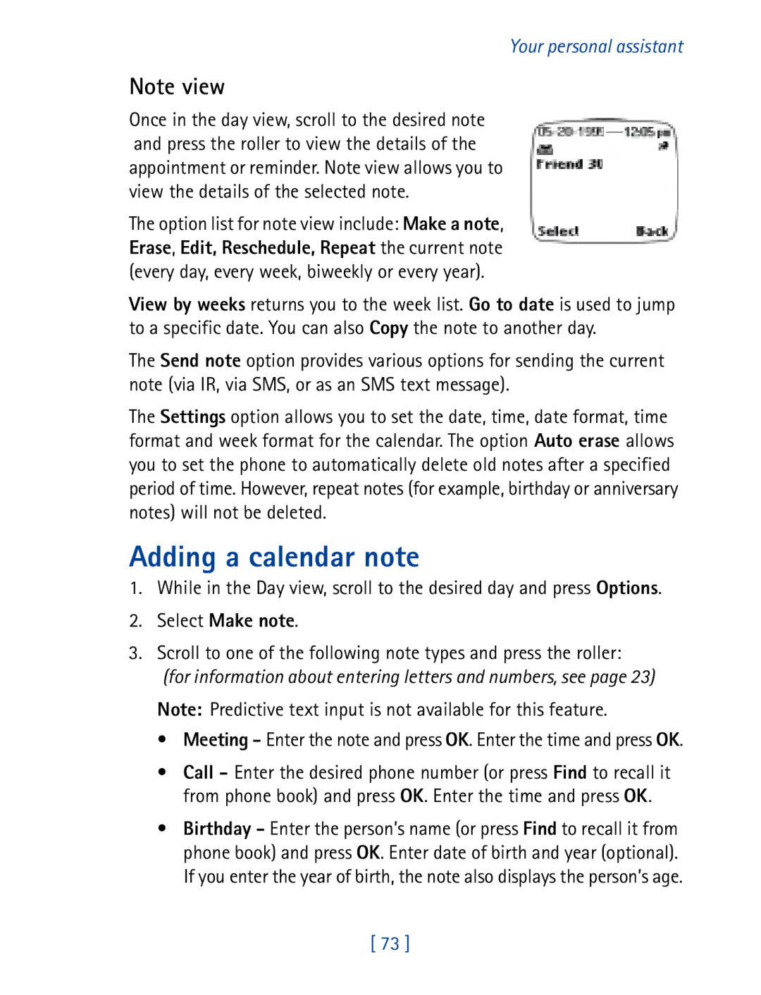 Nokia 7610 manual Adding a calendar note, Select Make note 