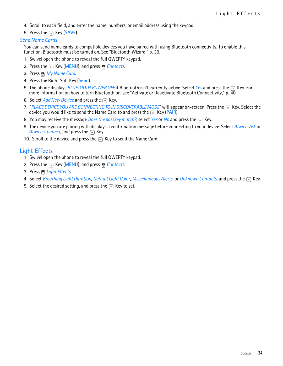 Nokia 7705 manual Send Name Cards, G h t E f f e c t s, Press Light Effects 