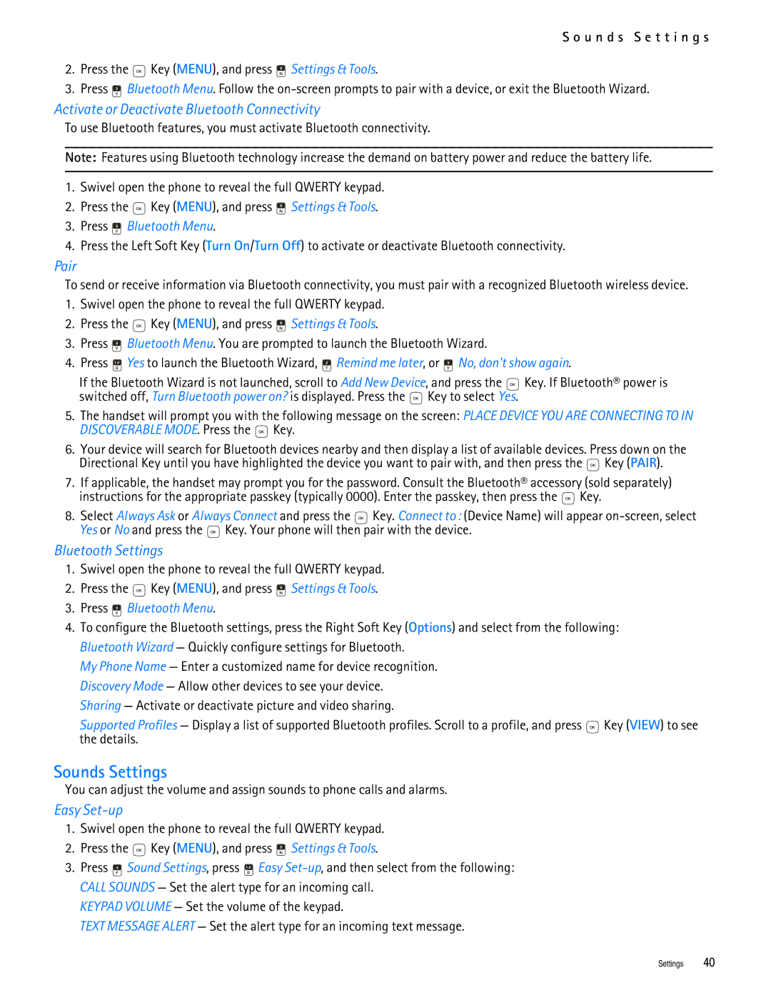 Nokia 7705 manual Sounds Settings, Activate or Deactivate Bluetooth Connectivity, Pair, Bluetooth Settings, Easy Set-up 