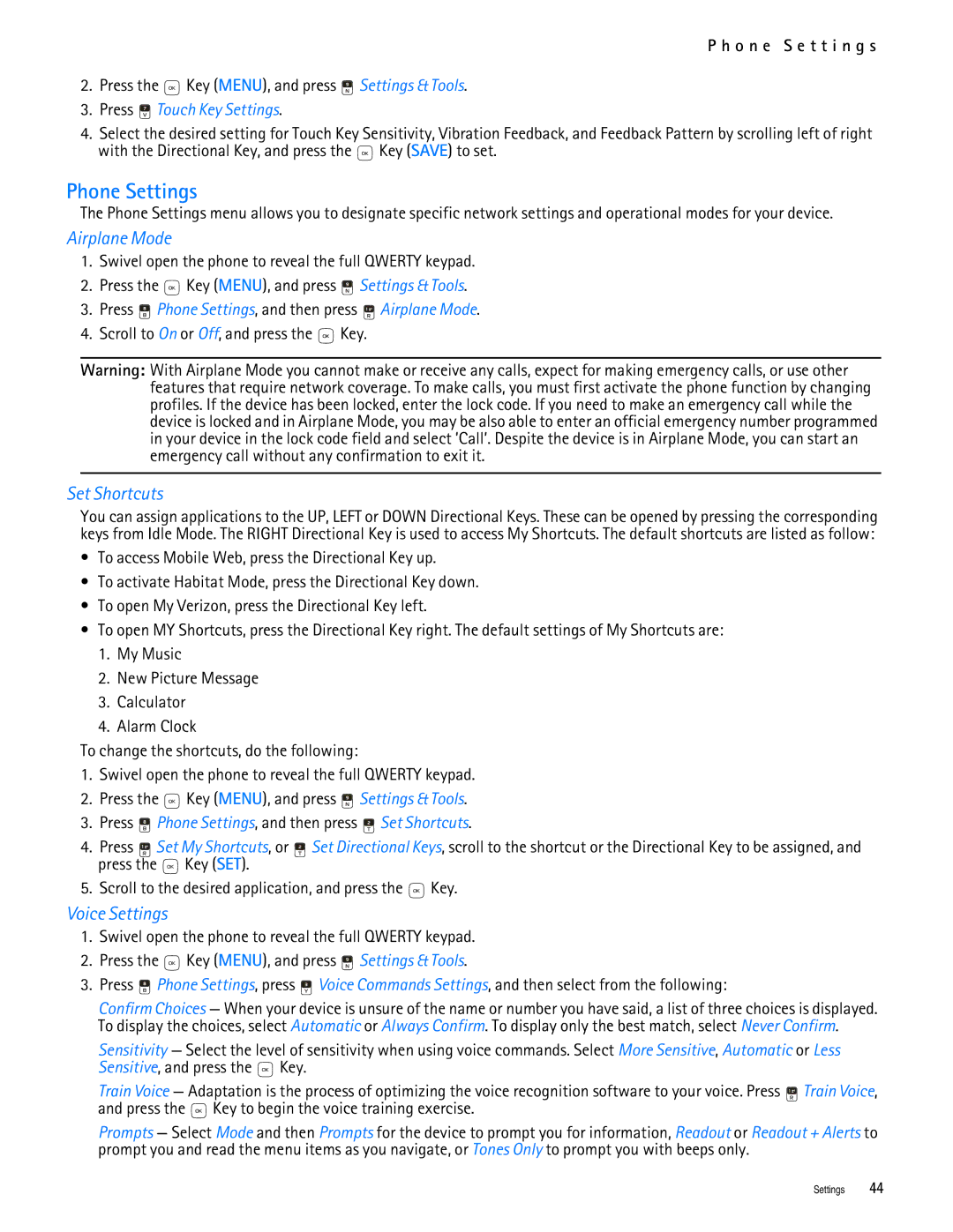 Nokia 7705 manual Phone Settings, Airplane Mode, Set Shortcuts, Voice Settings, O n e S e t t i n g s 