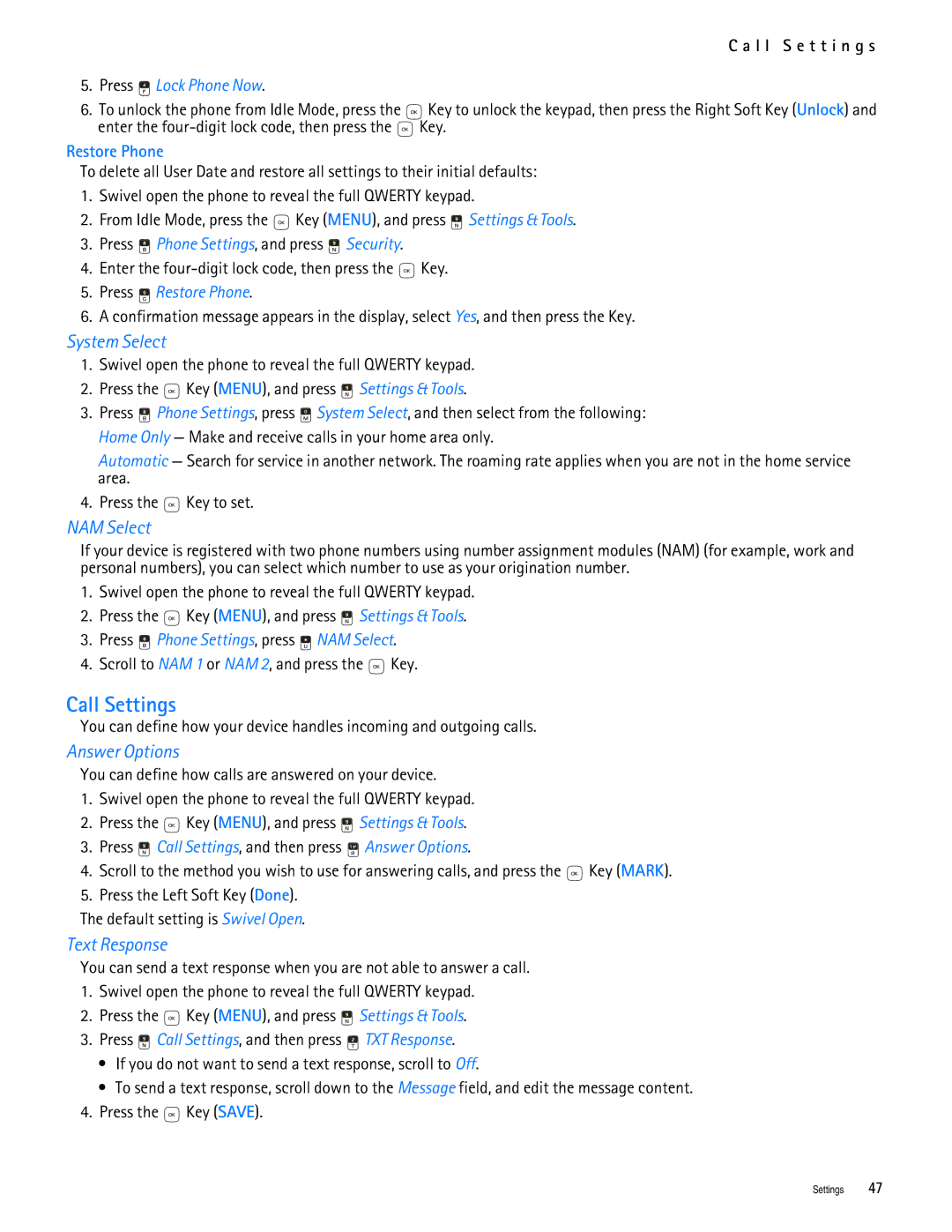 Nokia 7705 manual Call Settings, System Select, NAM Select, Answer Options, Text Response 